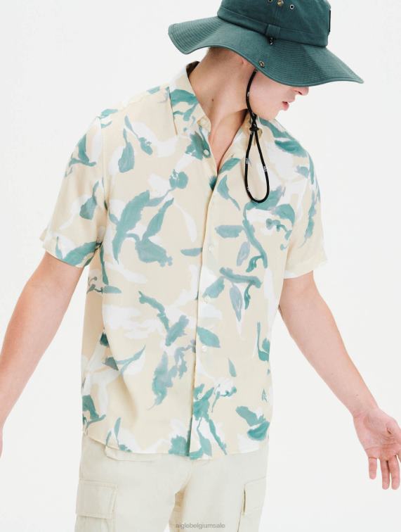 Heren kleren biscuit pr Aigle overhemd met korte mouwen en rechte snit J404Z67