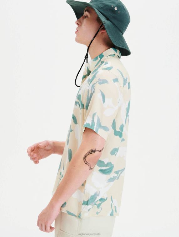 Heren kleren biscuit pr Aigle overhemd met korte mouwen en rechte snit J404Z67