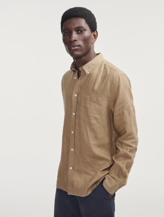 Heren kleren cappuccino Aigle linnen shirt met lange mouwen J404Z66