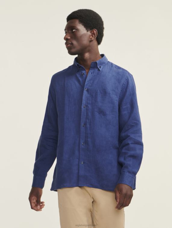 Heren kleren encreblauw Aigle linnen shirt met lange mouwen J404Z95