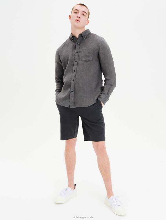 Heren kleren houtskool Aigle linnen overhemd J404Z89