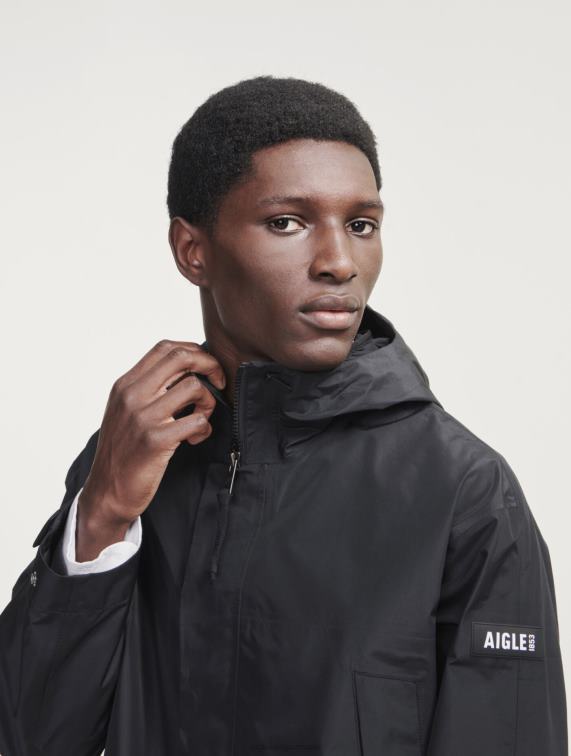 Heren kleren zwart Aigle lange gore-tex paclite parka met dubbele capuchon J404Z158