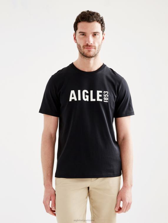 Heren kleren zwart Aigle bedrukt pyratex t-shirt met ronde hals J404Z69