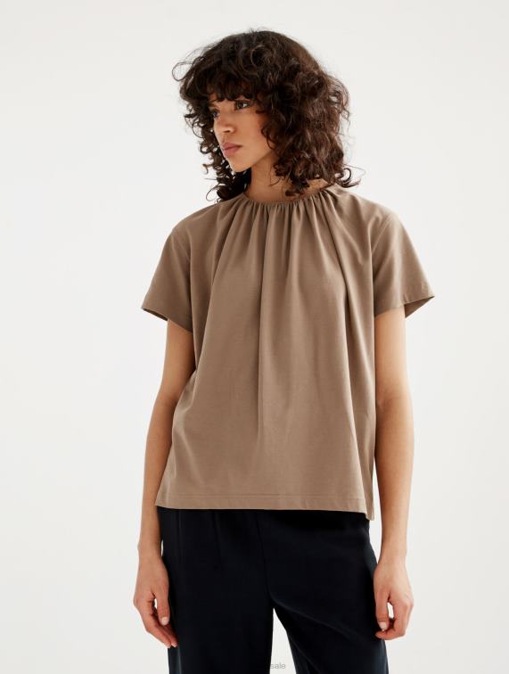 vrouwen kleren cappuccino Aigle T-shirt met korte mouwen en geplooide halslijn J404Z548