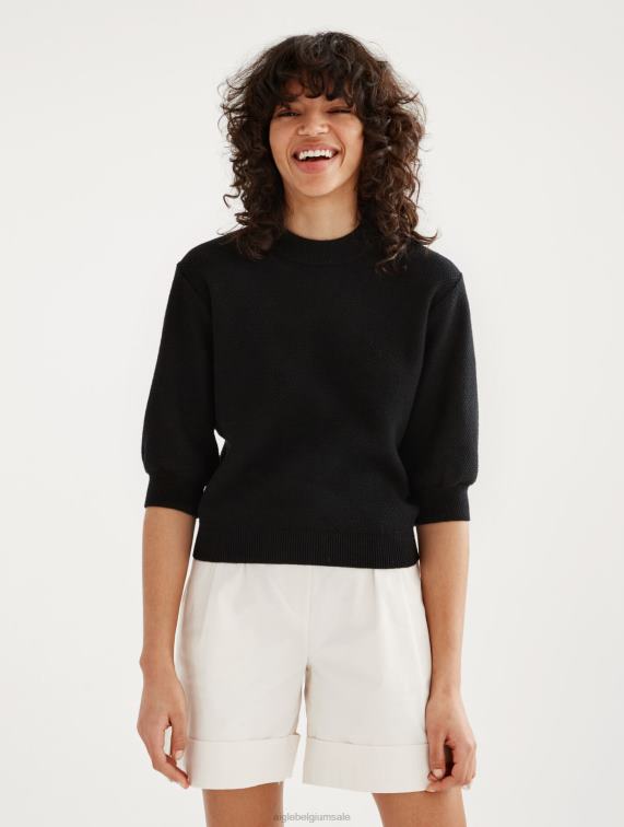 vrouwen kleren zwart Aigle Trui met korte mouwen en decoratief breiwerk J404Z460