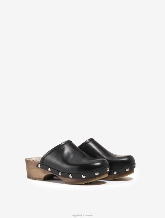 vrouwen schoenen zwart Aigle leren en houten klomp J404Z631